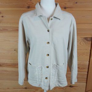 L.L.Bean Beige Button Up Sweater Jacket Crochet Detail on Pockets Size Large‎